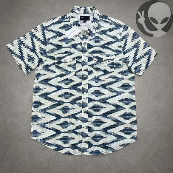 NWT Lucky Brand Men's Button Up Shirt Small Ivory Blue Tribal Preppy Summer - Picture 2 of 6